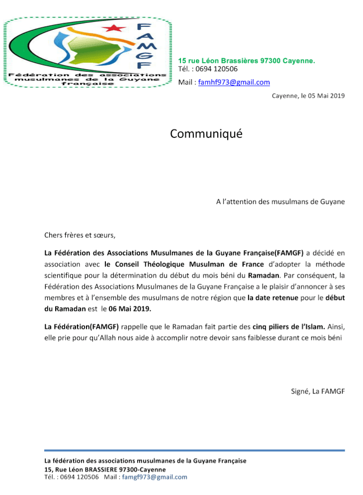 DÉBUT DU RAMADAN EN GUYANE LUNDI 6 MAI