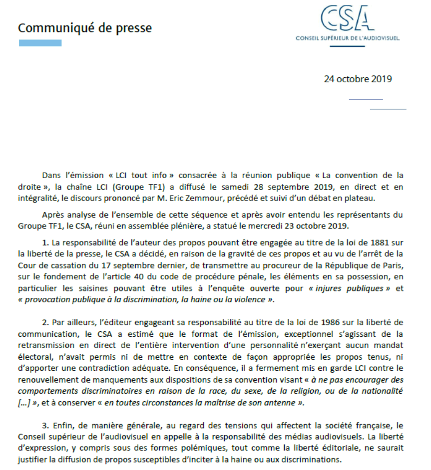 Le CSA a saisi le procureur suite au discours raciste