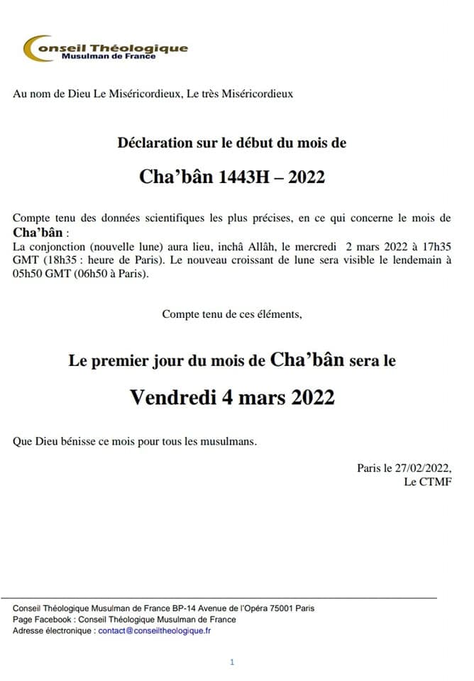 Début Mois Chaâbane Vendredi 4 Mars